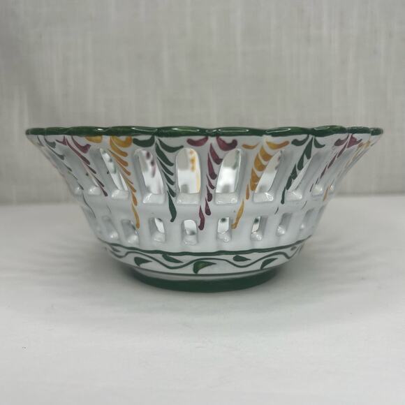 Vtg Horchow Collection Hand Painted Portugal Reticulated Bowl Pierced Faience - Picture 4 of 9